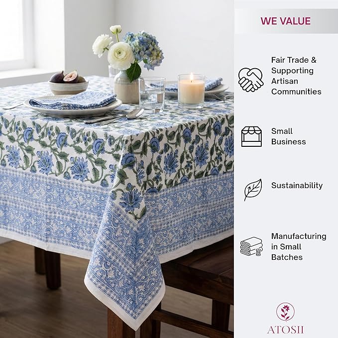 ATOSII Taj 100% Cotton Summer Tablecloth, Block Print Floral Square Table Cloth for Dining Table I Parties Wedding Outdoors, Grand Millenial Decor 60 X 60 Inches I 4 Seater I