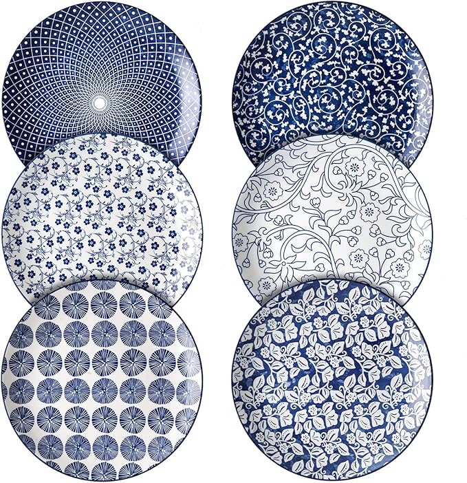 Selamica 10 inch Porcelain Dinner Plates, Large Size Ceramic Plates for Salad, Pancakes, Scratch Resistant, Microwave, Oven and Dishwasher Safe Plates Set of 6, Vintage Blue