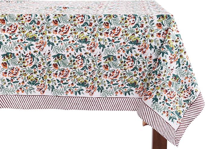 ATOSII Ambrosia Green 100% Cotton Rectangle Fall Tablecloth, Handblock Floral Print Linen Table Cloth for Kitchen Dining I Weddings, Outdoors, Christmas, Thanksgiving 60 X 108 Inches I 8 Seater