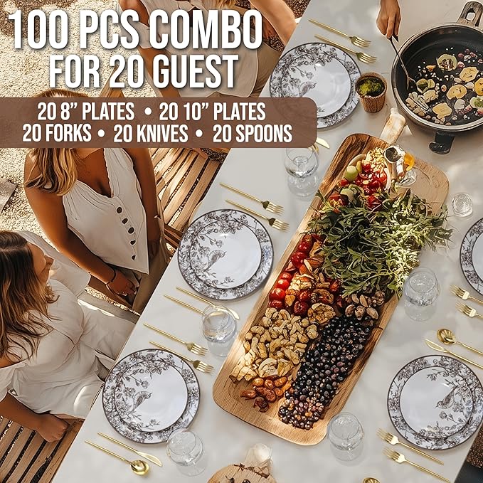 Trendables Fancy Plastic Dinnerware Sets 100 Pc Set 20 Guests Gold Silverware Disposable 20 X 10 Inch Charger Plates 20 X 8 Inch Dessert Plates 20 x Gold Plastic Forks and Spoons Knives In Rustik