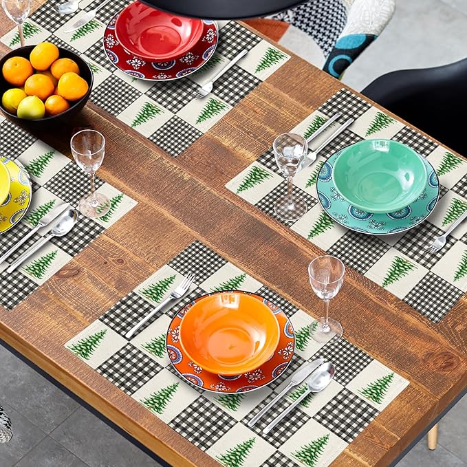 Winter Placemats Set of 4 - Black White Buffalo Plaid Tablemats 12 x 18 mas Tree Place Mats Set for Kitchen Dining Table