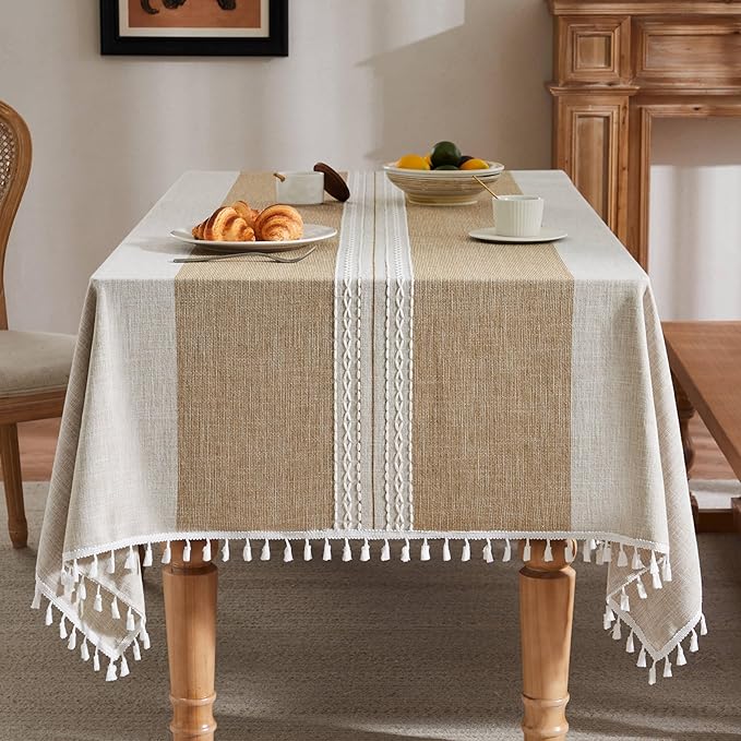 ZeeMart Contrast Linen Table Cloth Rectangle Table Cloths 60x84 Inch Mid-Stripe Brown, Farmhouse Style Heavy Weight Beige Tablecloth, Water Resistant Burlap Tablecloths