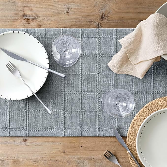 Linen Checked Farmhouse Table Runner, 13x108 Inches Chambray | Raised Grid - Image 7