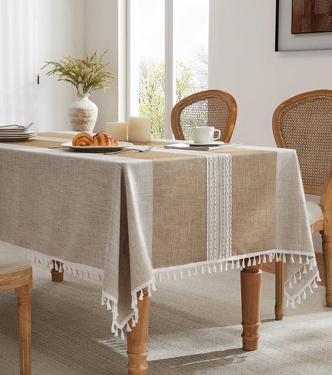 ZeeMart Contrast Linen Table Cloth Rectangle Table Cloths 52x70 Inch Mid-Stripe Brown, Farmhouse Style Heavy Weight Beige Tablecloth, Water Resistant Burlap Tablecloths