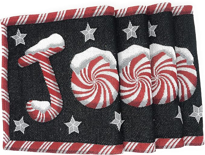 DaDa Bedding Starry Peppermint Joy Placemats - Set of 4 Festive Christmas Winter Holiday Tapestry - Red Black & White Cotton Linen Woven Yueltide Dining Table Mats - 13” x 19” (12904)