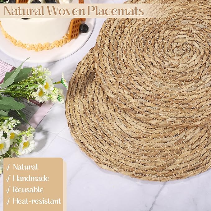 Aneco 24 Pack 12-Inch Round Woven Placemats Natural Hand-Woven Boho Rattan Wicker Bulrush Placemat Farmhouse Rustic Braided Table Mats for Dining & Kitchen Decor