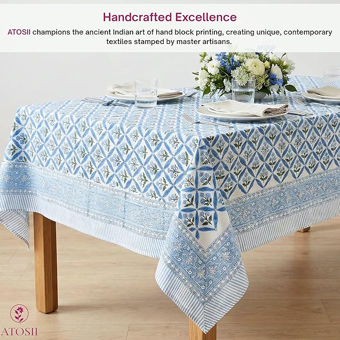 ATOSII Cotton Tablecloth Netta Blue 72" X 140" Inches