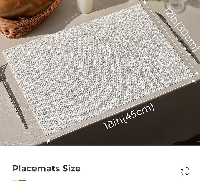 Leetaltree Luxury White and Silver Woven Placemats Set of 8 - Waterproof Washable Textured Table Mats for Wedding, Anniversary, Daily Use - Sparkling Metallic Thread Table Decor - Hand-Cut