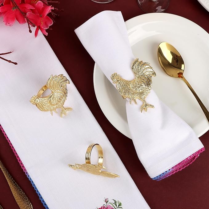CLEENTABLE Napkin Rings Set of 12, Metal Napkin Holder Cuffs for Dinner Table Décor, Thanksgiving Rooster Farmhouse Modern Serviette Rings for Christmas, Weddings, Receptions, Gold