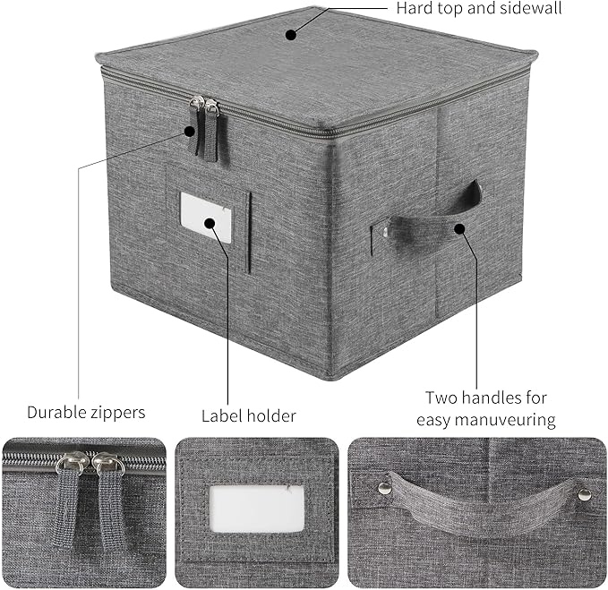 popoly China Storage Containers Hard Shell Inside 10" W x 8" H, Salad Plate Storage Containers for Dishes, Dinnerware with 24 Felt Dividers, Hold 24 Plates, Foldable and Stackable (2 Pack Grey)