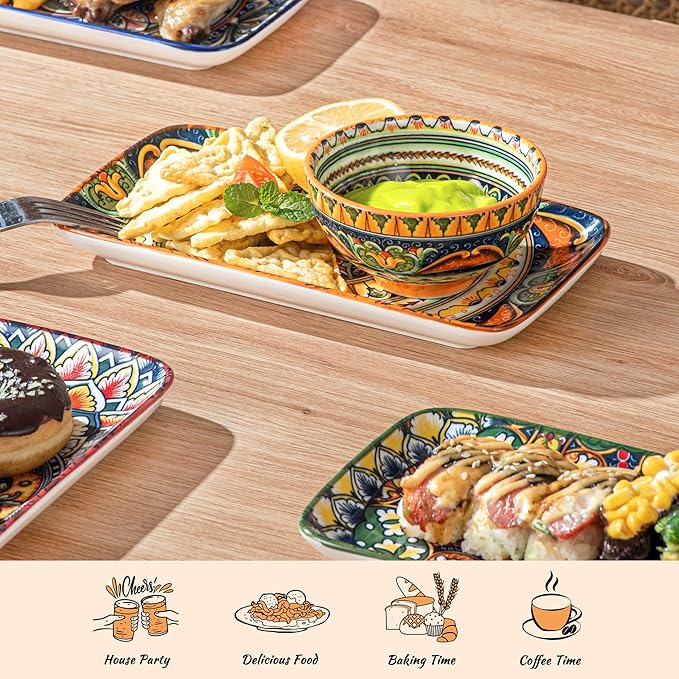 Henten Home Porcelain 8 Inch Dessert Plates, Ceramic Rectangular Salad Plate Set of 6, Bohemian Serving Dishes for Sushi, Appetizer, Cake, Sashimi, Microwave & Dishwasher Safe