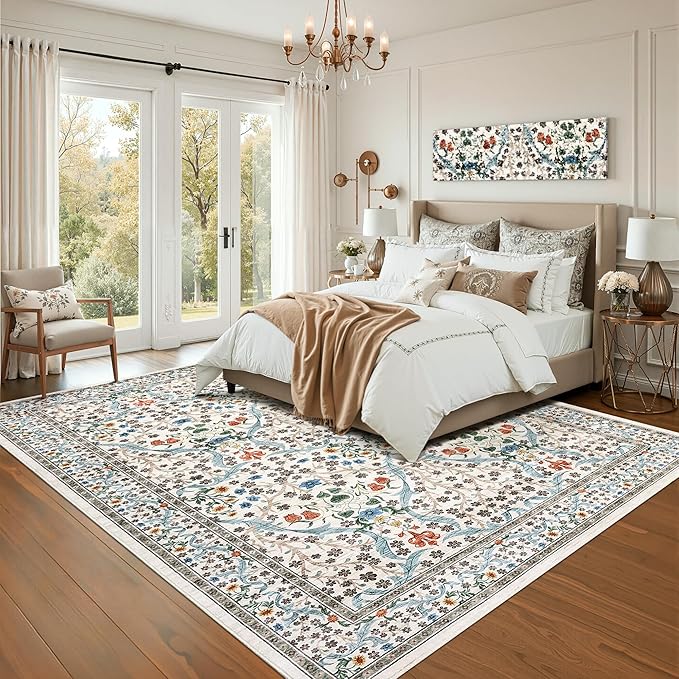 GarveeHome Floral Area Rugs 5x7, Washable Rug for Living Room, Bedroom, Low Pile Non Slip Stain Resistance Indoor Boho Carpet Mat for Farmhouse, Dining Room, Office, Beige