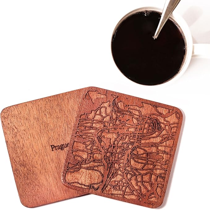 Prague Map Coaster by O3 Design Studio, Set Of 4, Sapele Wooden Coaster With City Map, Handmade