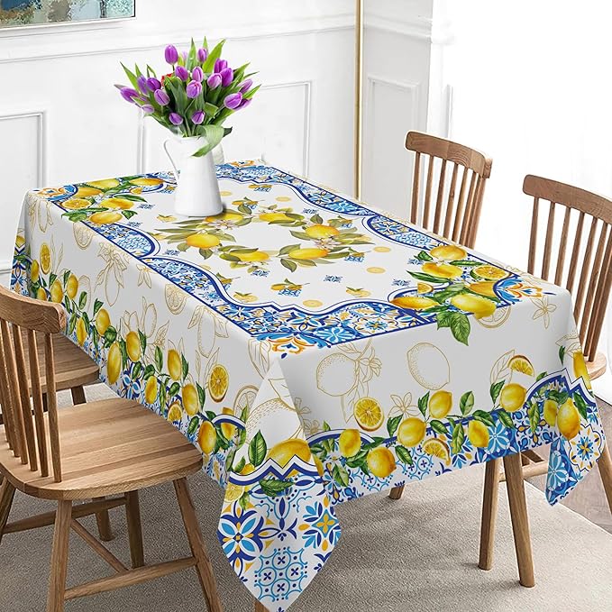 Lemon Tablecloth 60 x 120 Inch Rectangle, Yellow and Blue Mediterranean Summer Decor Tile Flower Pattern Table Cloth Italian Themed Decor for Party Oblong Table Cover for Dining Room