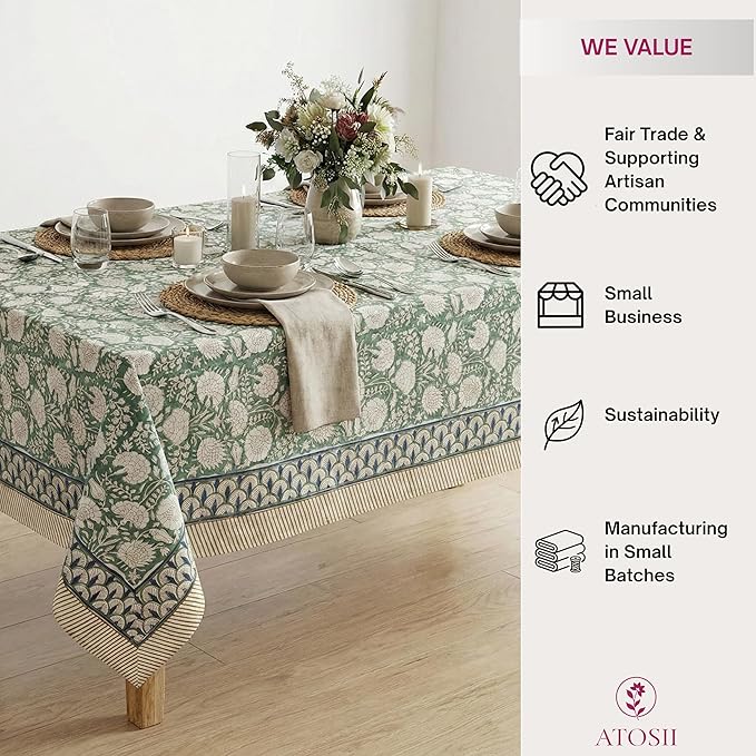 ATOSII Jade 100% Cotton Boho Rectangle Summer Tablecloth, Block Print Floral Table Cloth Linen for Dining, Parties, Weddings, Outdoors Table Decor I 60 X 90 Inches I 6 Seater I