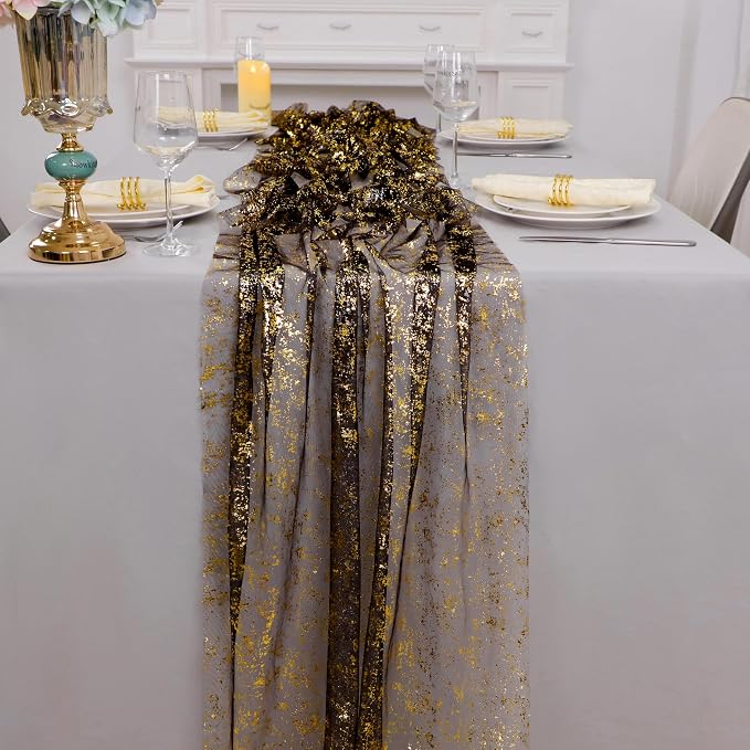 Snowkingdom 10 Pcs Black & Gold Cheesecloth Table Runner 10 FT, Sheer Chiffon - Image 4