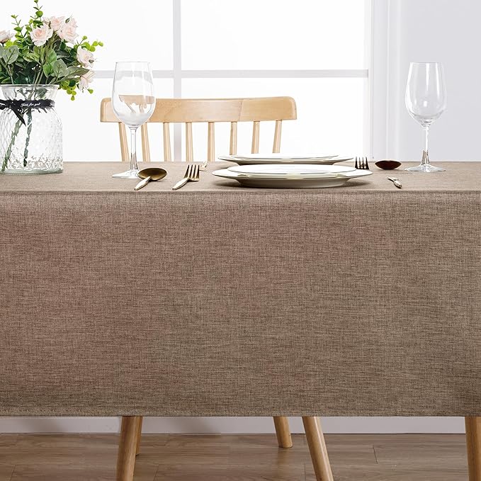 Hiasan 2 Pack Faux Linen Rectangle Tablecloth - Wrinkle and Stain Resistant Washable Table Cloth for Kitchen Dining Room Holiday Table Cover for Party Dinner, Khaki, 54 x 80 Inch