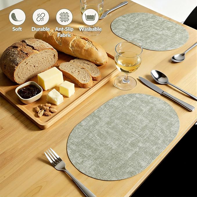 Placemats Set of 4, 11.8 x 17 Inch, Grass Green | Heat Resistant Oval Faux - Image 6