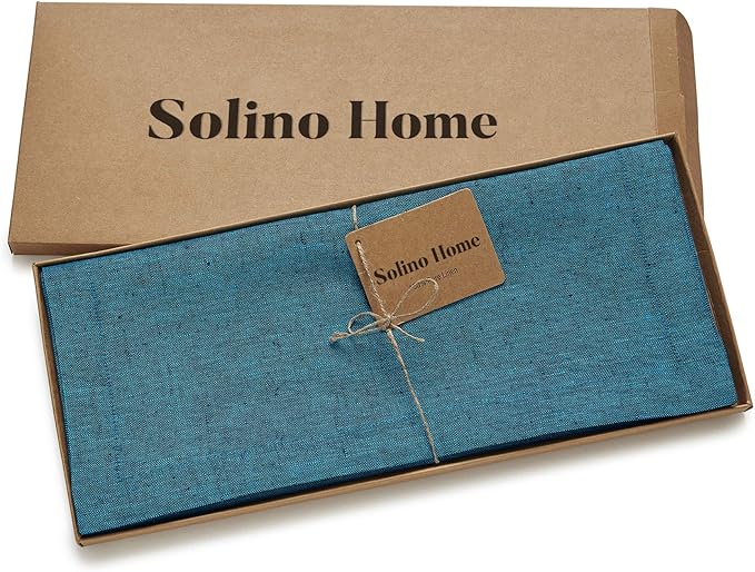 Solino Home Linen Small Table Runner 48 Inches - Athena, 100% Pure Linen Chambray Teal Table Runner 14 x 48 Inch Ideal for Dresser and Coffee Tables, Spring, Easter, St Patricks Day