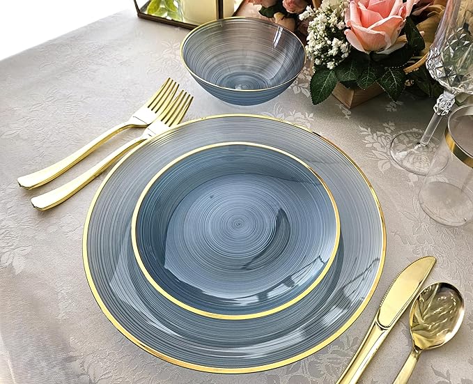 " OCCASIONS " 50 Plates Pack (25 Guests)-Wedding Party Disposable Plastic Plate Set -25 x 10'' Dinner + 25 x 7'' Salad & Dessert plates (Belize in Blue & Gold)