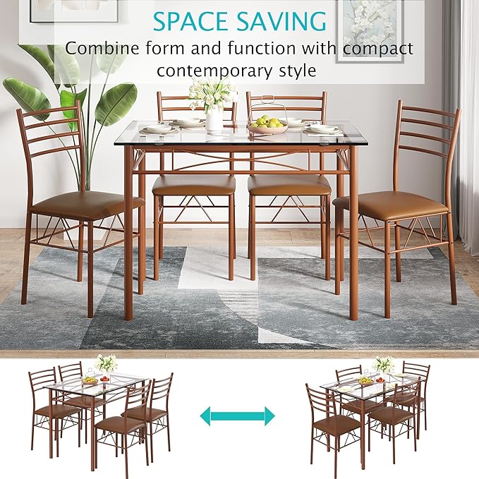VECELO Dining Table Set for 4, 5-Piece Glass Kitchen Table with Upholstered Padded Chairs for Small Space, Breakfast Nook, Space-Saving, Vintage Brown