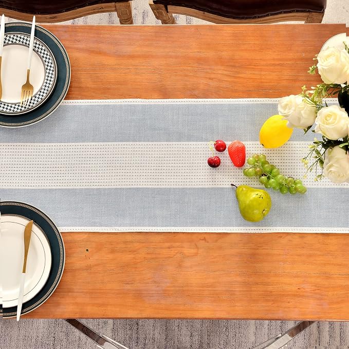 Wracra Linen Table Runner, Stripe Table Runners 90 Inches Long Blue | Delicate - Image 6