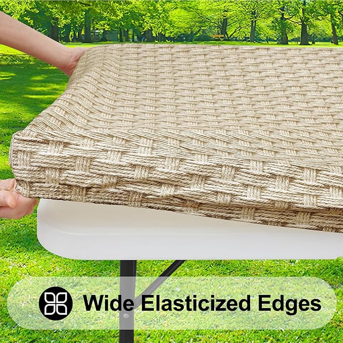 Smiry Rectangle Table Cloth Cover, Waterproof Elastic Fitted Picnic Tablecloth for 8 Foot Tables, Wipeable Flannel Backed Vinyl Tablecloths for Camping, Dining, Outdoor (Sand, 30" x 96")