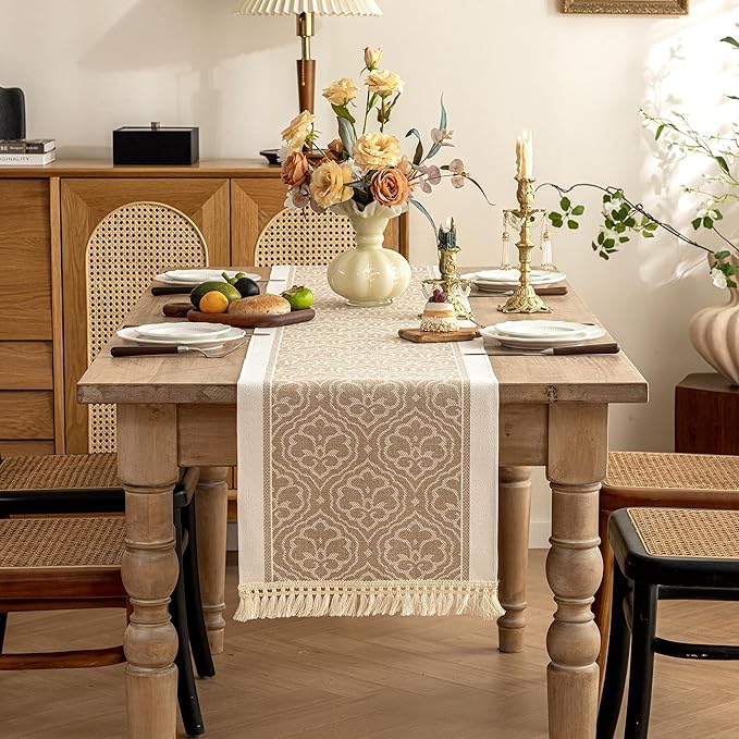 Coffee Scroll Linen Table Runner by UWWGKK