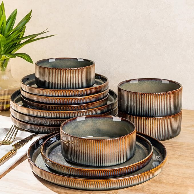 Ceramic Dinnerware Set for 4, 12-Piece Plates and Bowls Set | Lightweight by TheTerra
