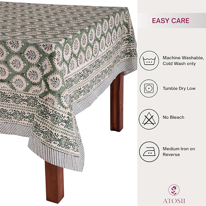 ATOSII Kari Green 100% Cotton Rectangle Fall Tablecloth, Block Print Floral Table Cloth Linen for Dining Parties Outdoors Christmas Thanksgiving Grandmillennial Home Decor 72 X 140 Inches I 12 Seater