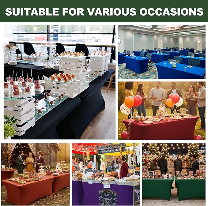 Table Cover for 6 Foot Rectangle Tables-6 Pack Hunter Green Fitted Stretch Tablecloth-Spandex 6ft Christmas Tablecloth for Party, Vendor Booth Display, Banquet Buffet Event, Craft Trade Show