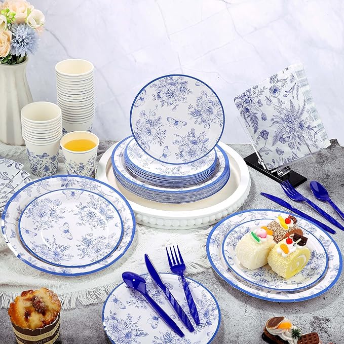 Kochorie 400 Pieces Blue and White Flower Disposable Party Tableware Sets Including Plates Cups Napkins Cutlery Serves 50 for Wedding Birthday Baby Shower Party Decorations
