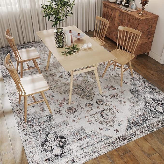 HOMCOM Washable Area Rug, 8'x10' Vintage Indoor Distressed Carpet, Retro Floor Cover Foldable, Floral Print Mat for Living Room, Bedroom, Dining Room, Brown and Green
