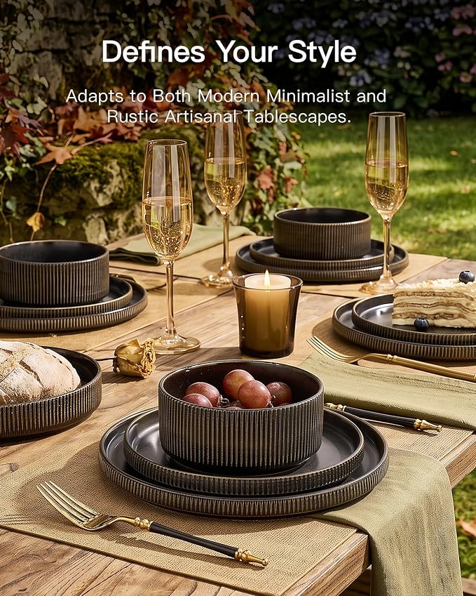 Ceramic Plates & Bowls Sets for 6, Handmade Reactive Glaze | Black Gold - Image 2