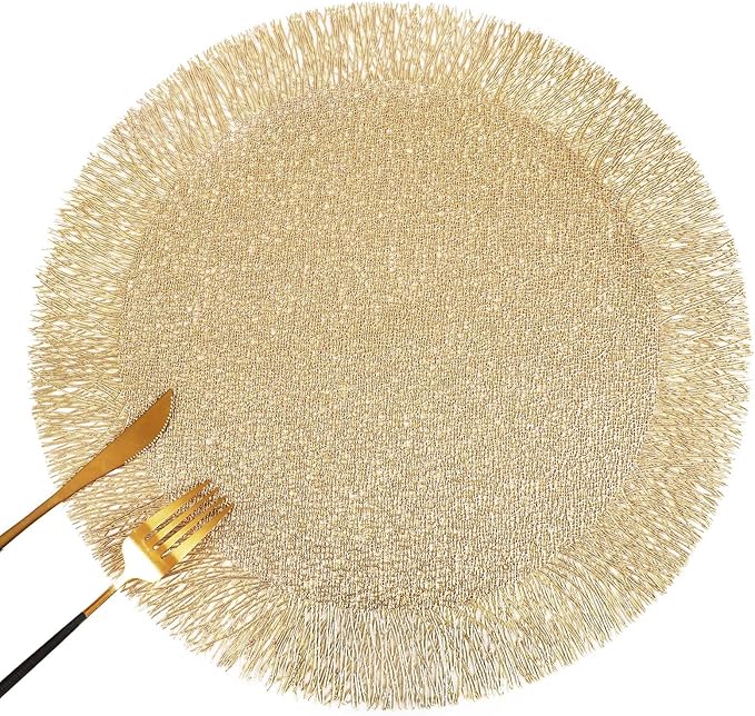 FAVE Set of 8 Gold Vinyl Round Placemats, Decorative Tassel Washable for Table Setting, Home Dining, Party, Restaurant (15 Inch,8PCS)