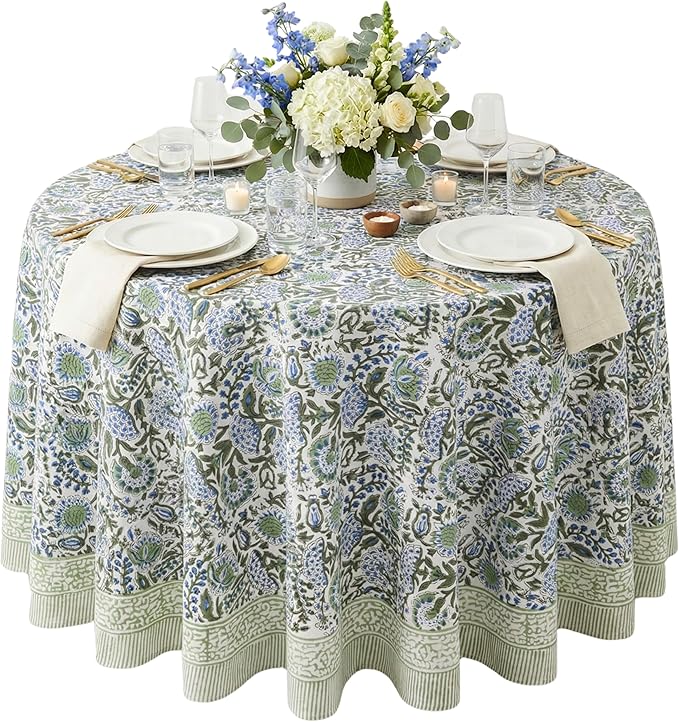 ATOSII Clover Blue 100% Cotton Round Boho Fall Tablecloth, Handblock Floral Table Cloth Linen for Kitchen Dining I Parties Weddings Outdoors Christmas Thanksgiving I 90" Inches Round I 6-8 Seater