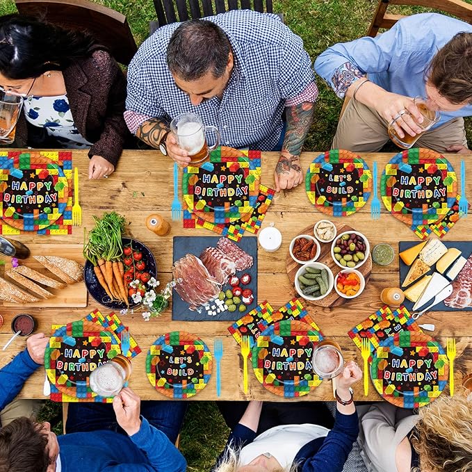 200 Pcs Building Blocks Birthday Party Supplies Paper Plates Napkins Colorful Blocks Party Birthday Decorations Favors for Kids Bricks Serves 50