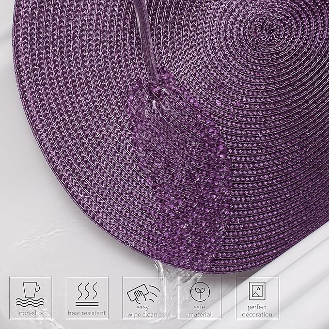 AHHFSMEI Round Braided Placemats 15 Inch Round Table Mats for Dining Tables Natural Woven Heat Resistant Place mats Set of 8 (Plum Purple)