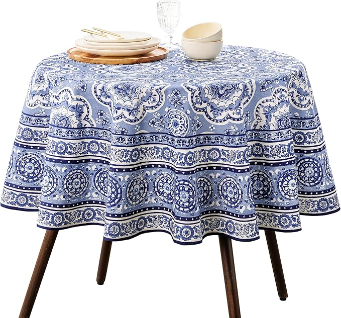 Maison d' Hermine Table Cloth Round Table 100% Cotton 69 Round Inches Tablecloth Reusable Decorative for Dining Room Farmhouse Home Valentines Day Decorations Spring Summer - Melodie Bleue