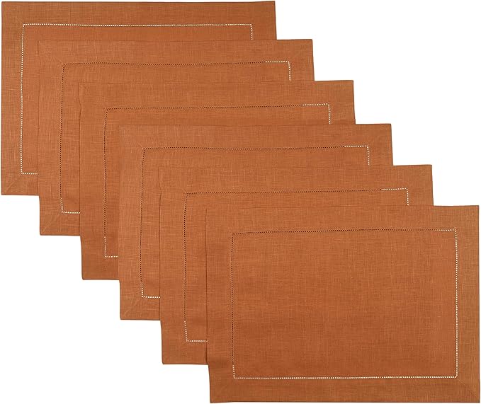 D'Moksha Homes Rust Linen Placemats Set of 6 - Classic Hemstitch Placemats 14 x 19 Inch - 100% Pure Linen Table Mats for Spring, Easter - Handcrafted and Machine Washable