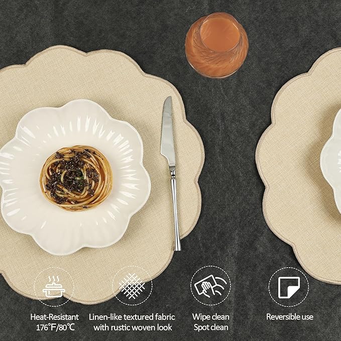 AHHFSMEI Round Faux Linen Placemats Set of 4 Waterproof Table Mats Heat Resistant Non-Slip and Stain Proof for Kitchen Dining Elegant Decor (Beige,4)