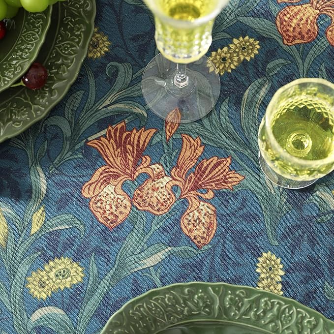 patdrea Designer Dark Blue Linen Rectangle Tablecloth,Vintage French Rustic Floral Pattern Tablecloths,Decorative Table Cover Cloth for Kitchen,Dining,Tea Party,Home,Christmas,55"*71"