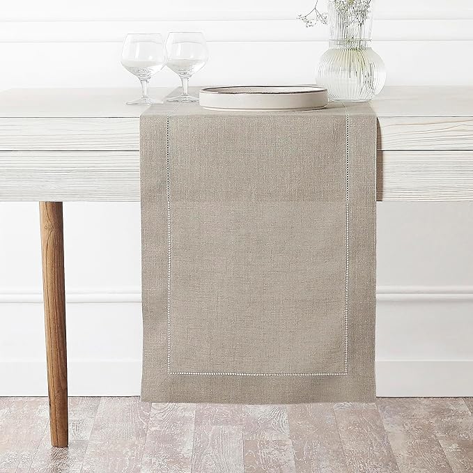 D'Moksha Homes Linen Natural Table Runner 108 Inches Long - 100% Pure Linen 14 x 108 Inch Table Runner for Valentines, Spring, Easter - Classic Hemstitch