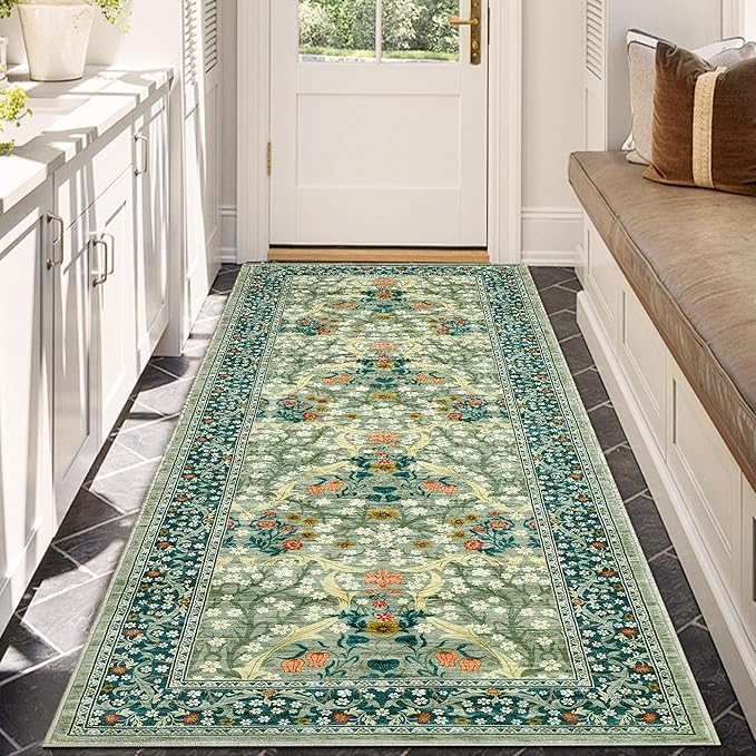 GarveeHome 2x6 Kitchen Runner Rug, Washable Rug for Hallway Non Slip Sage Green, Ultra-Thin Boho Soft Kitchen Runner Rug Botanical Carpet for Entryway, Laundry Room, Bedroom Floor Mat