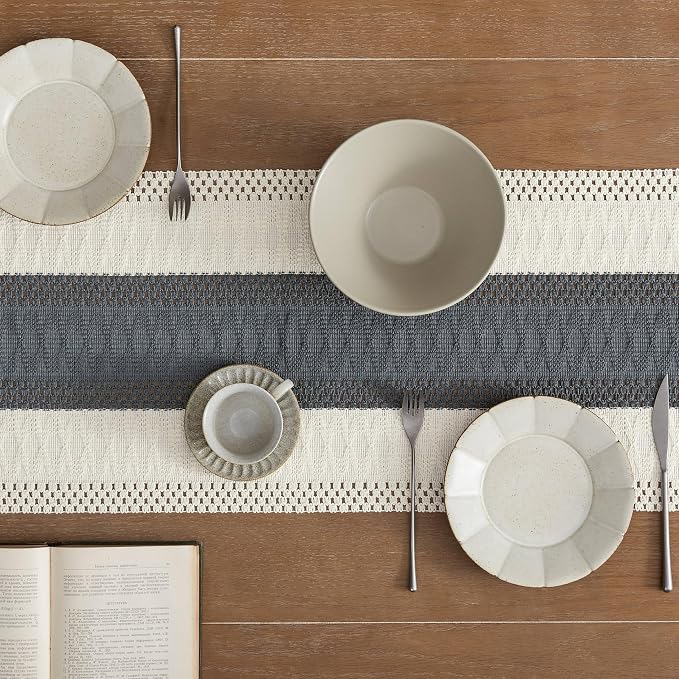 Macrame Style Bicolor Stitching Table Runner 14x48in Charcoal | Woven Boho - Image 5