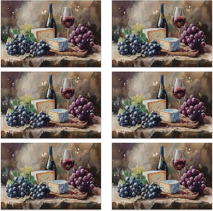 Wine Placemats, Red White Grapes Wooden Placemats 12x18 Inch Waterproof Non-Slip Washable Table Mats for Kitchen Dining Party Table Decor,Set of 6