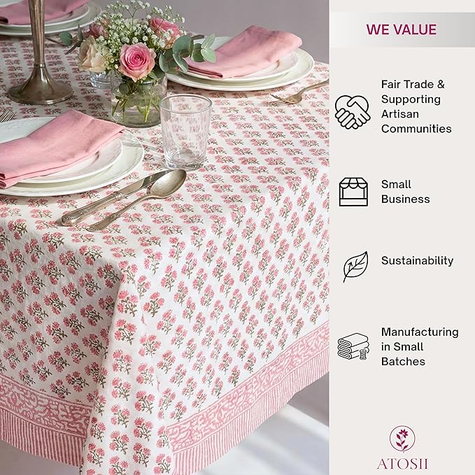 ATOSII Gulbahar White Pink 100% Cotton Fall Rectangle Tablecloth, Hand Block Print Washable Table Cover, Christmas Parties Buffet Dining, Weddings, Thanksgiving, Halloween, 60 X 108 Inches 8 Seater