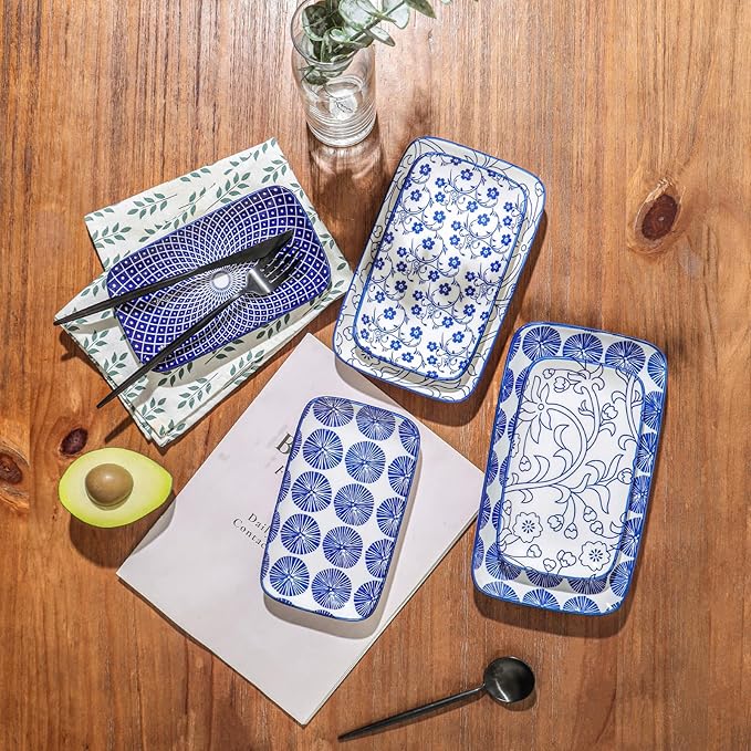 Selamica Rectangular Salad Plates, 7.1 Inch Dessert Plates Ceramic, Small Plates for Appetizer, Snack, Sushi, Fruit, Set of 6, Vintage Blue