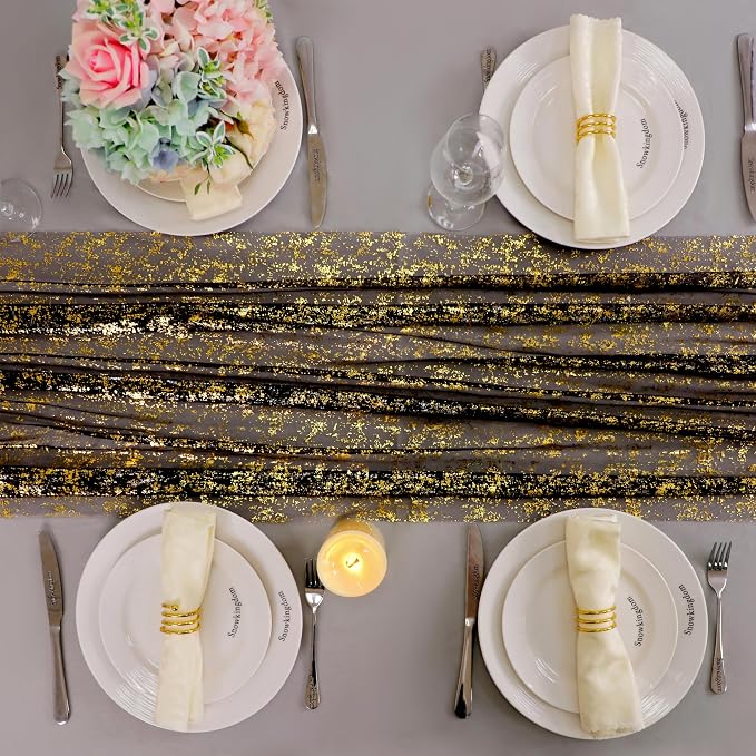 Snowkingdom Black and Gold Cheesecloth Table Runner 10 FT, Sheer Chiffon - Image 6