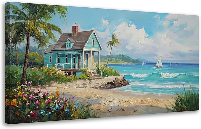 Anolyfi Tropical Canvas Wall Art for Living Room, Palm Tree Nature Coastal Seascape Painting Wall Decor Textured Artwork for Bedroom Hallway Kitchen Office Home Decor 48"x24"